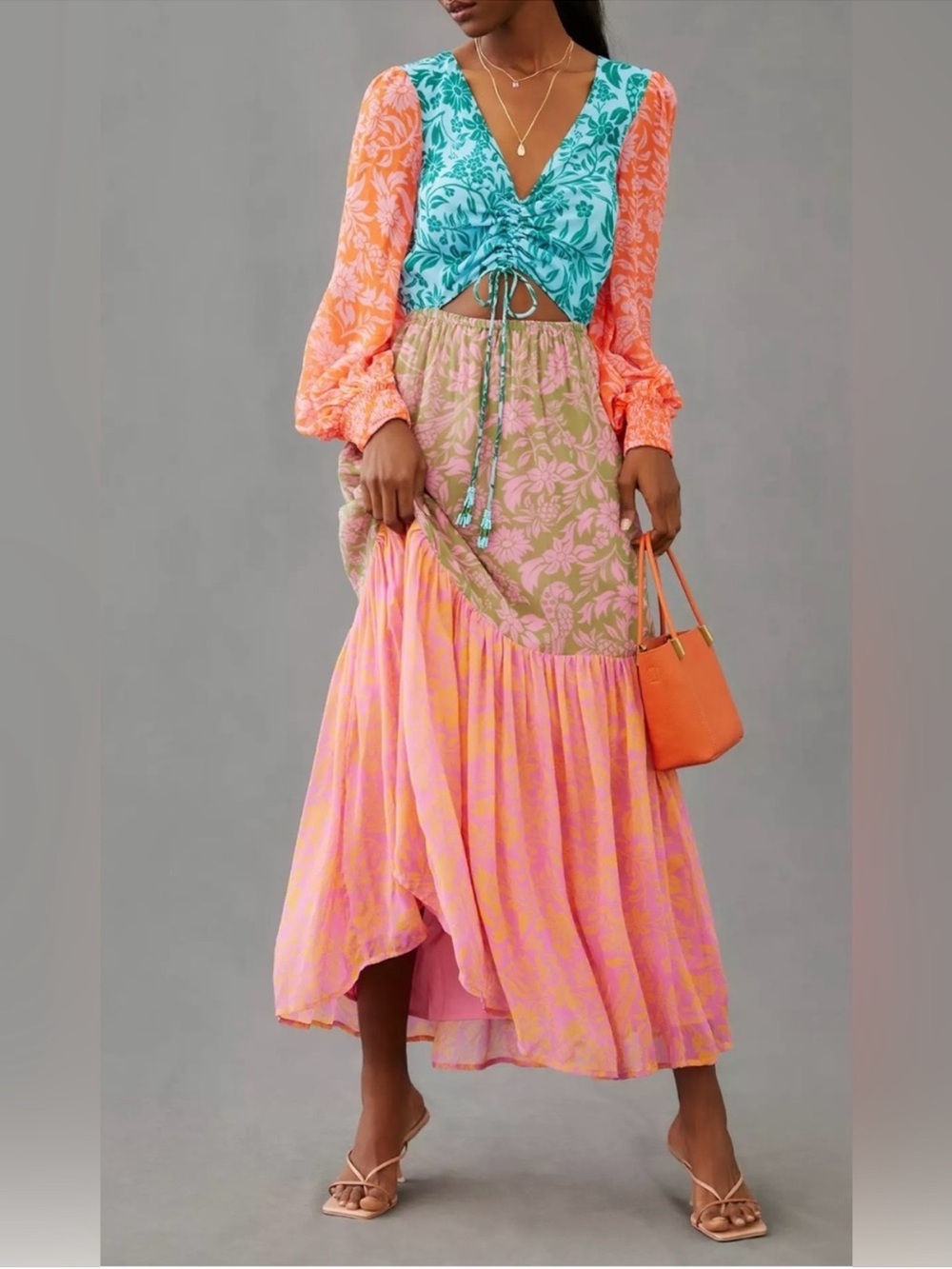 Anthropologie Colorblock Floral Maxi Dress — Aqua, Peach & Pink